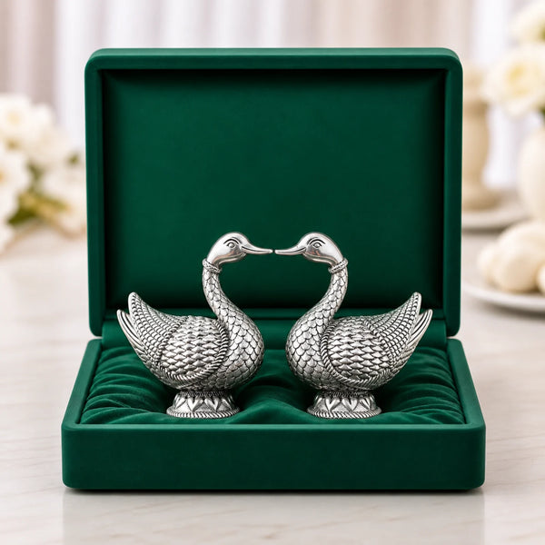 Mandarin duck silver-plated idol pair with touching beaks in green velvet gift box, wedding gift