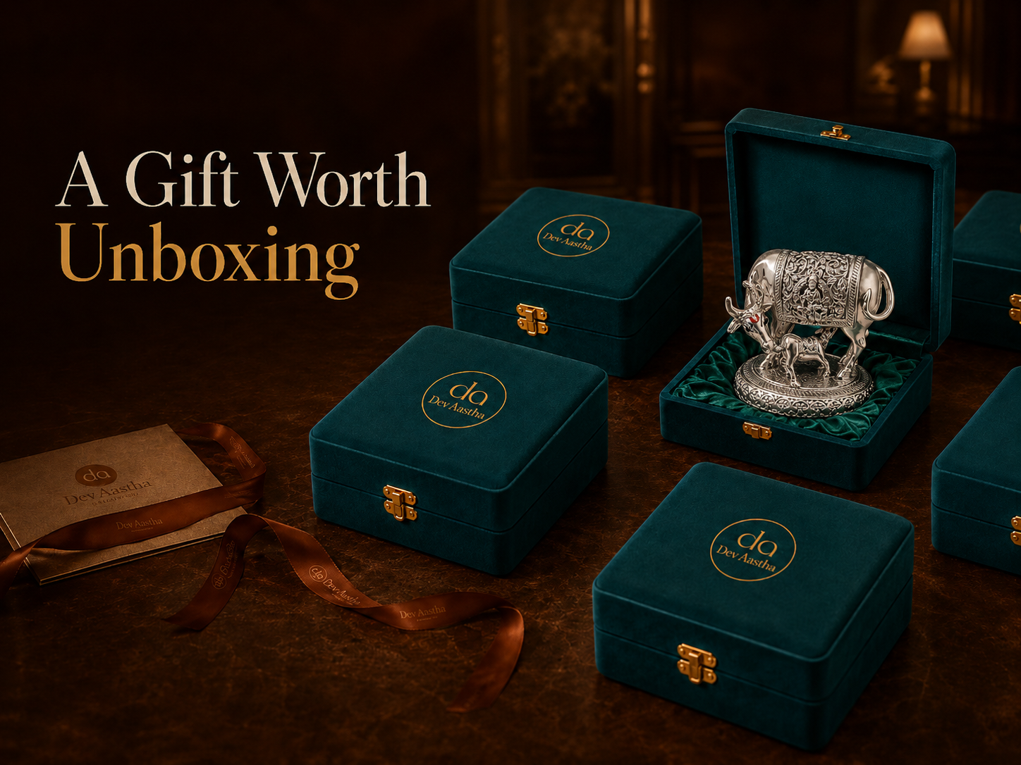 Dev Aastha signature teal velvet gift packaging