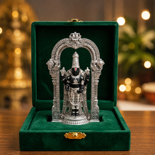 Silver-plated standing Tirupati Balaji idol, 4.7 inch, in an open green velvet gift box #4-7-inch
