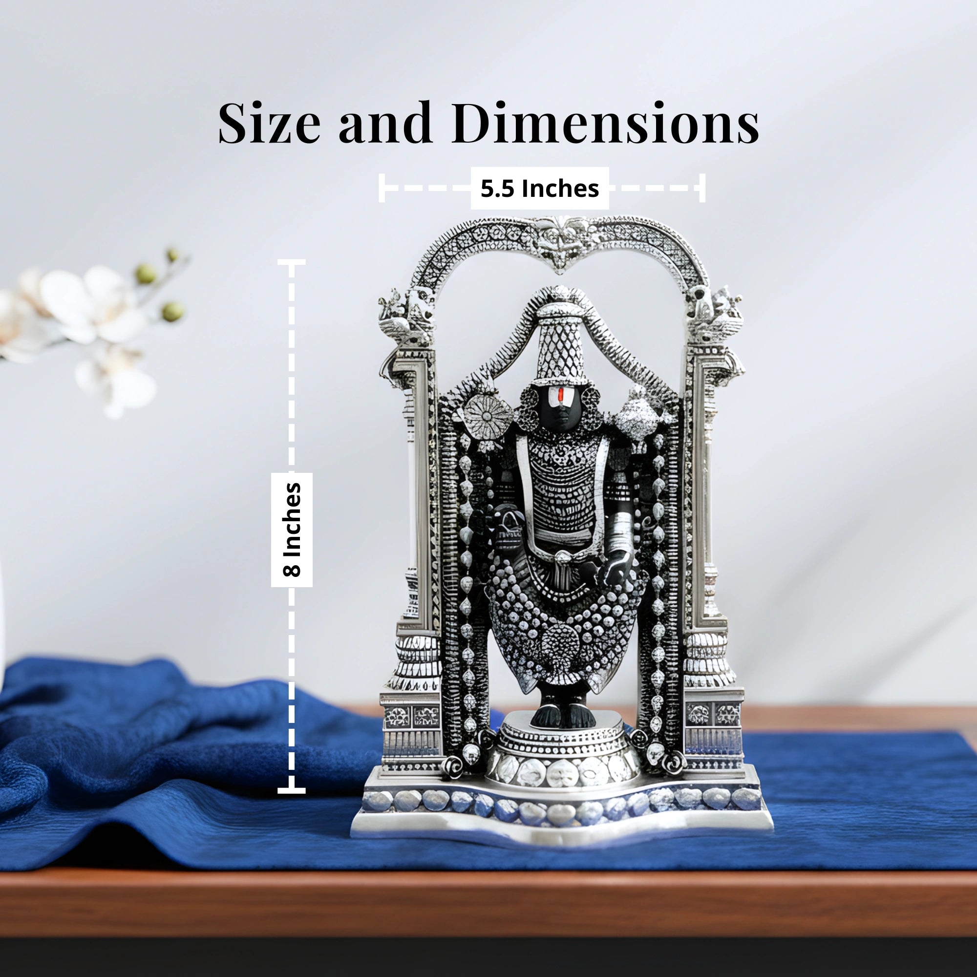 Standing Balaji silver-plated idol size chart: 5.5 inches wide and 8 inches tall